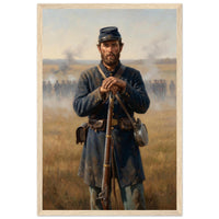 Framed portrait of a Union soldier standing with his rifle, ready to hang.