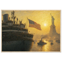 Homecoming, 1945 — framed fine art print of a troopship passing the Statue of Liberty, 12x18″ in a natural wood frame