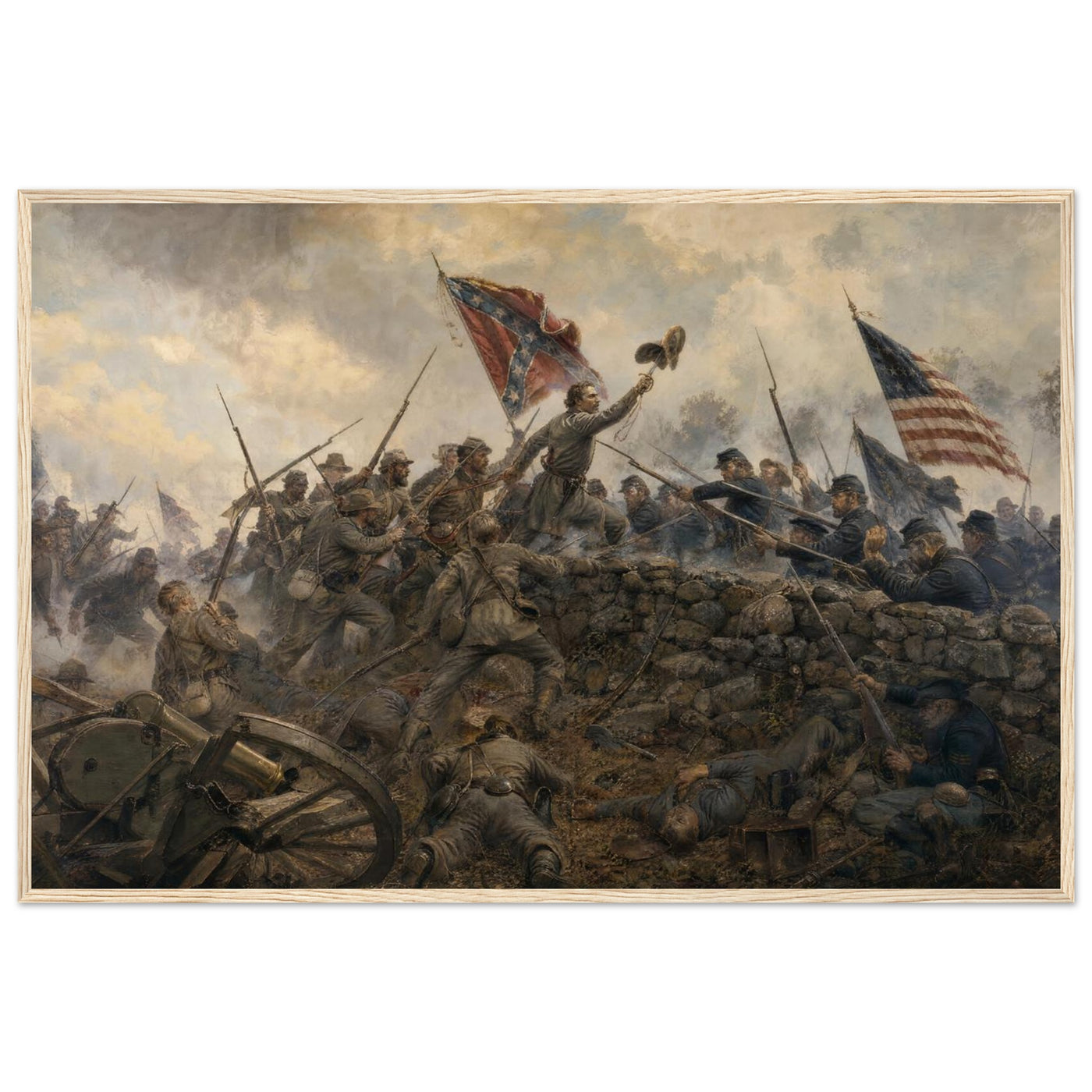 Framed art print of the hand-to-hand melee at the stone wall during Pickett's Charge, Confederate battle flag raised, in a solid wood frame.