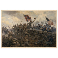Framed art print of the hand-to-hand melee at the stone wall during Pickett's Charge, Confederate battle flag raised, in a solid wood frame.