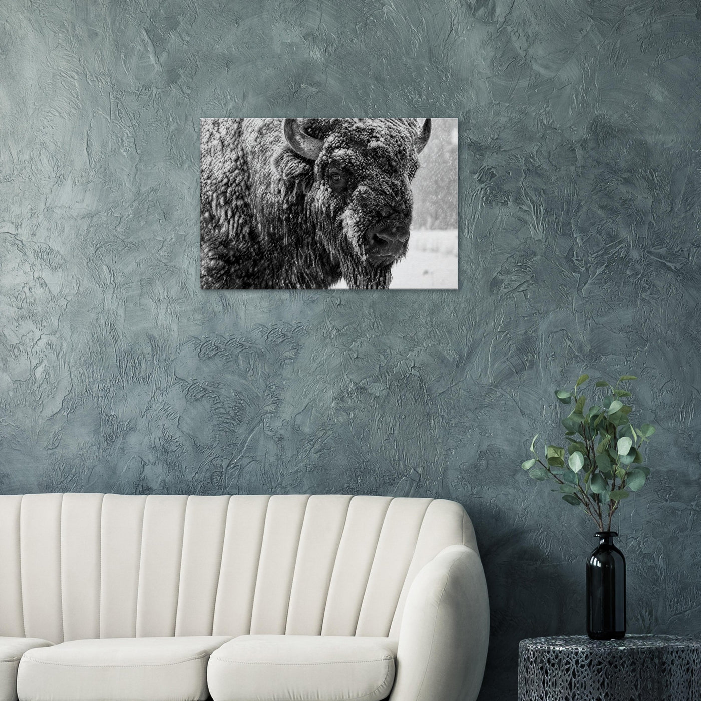Canvas print of an American bison in winter snow — room view, ready to hang.