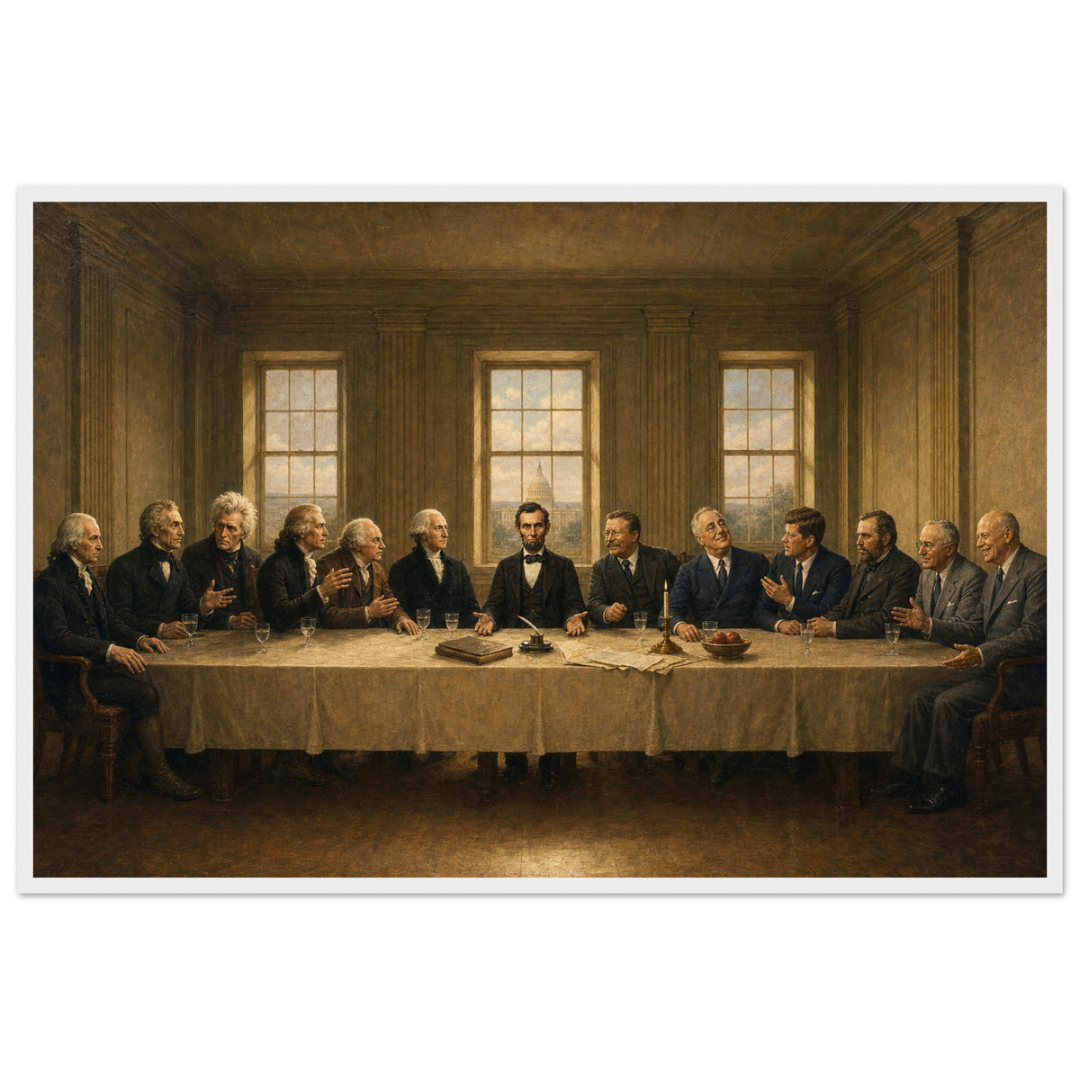 The Presidents' Table — framed fine art print of thirteen presidents along a long table, Lincoln at center, the Capitol dome in the window, in a white frame