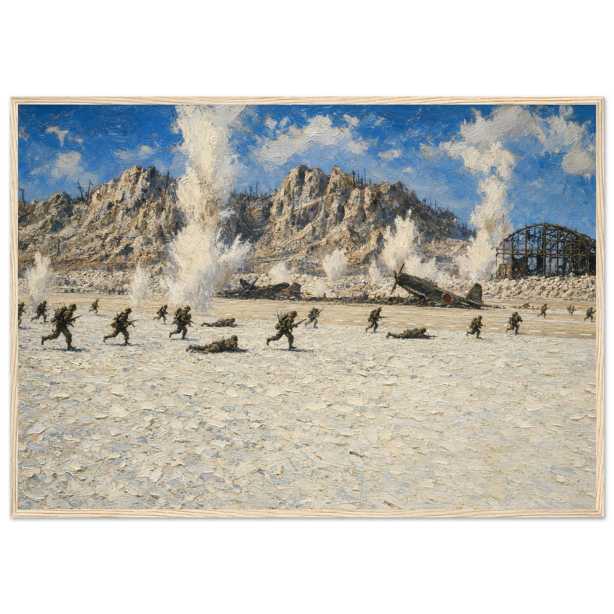 Crossing the Coral, Peleliu — framed fine art print of Marines crossing a coral airstrip, 28x40″ in a natural wood frame