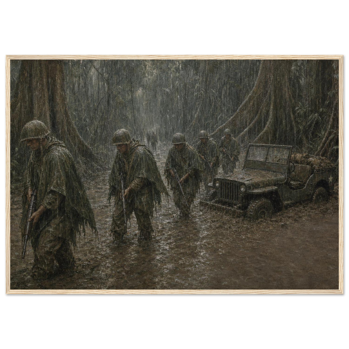 Cape Gloucester, 1943 — framed fine art print of Marines in ponchos wading through rain, 12x18″ in a natural wood frame