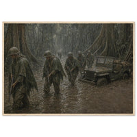 Cape Gloucester, 1943 — framed fine art print of Marines in ponchos wading through rain, 12x18″ in a natural wood frame
