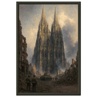 Cologne, March 1945 — framed fine art print of a tank and GIs before the ruined cathedral, 12x18″ in a black frame