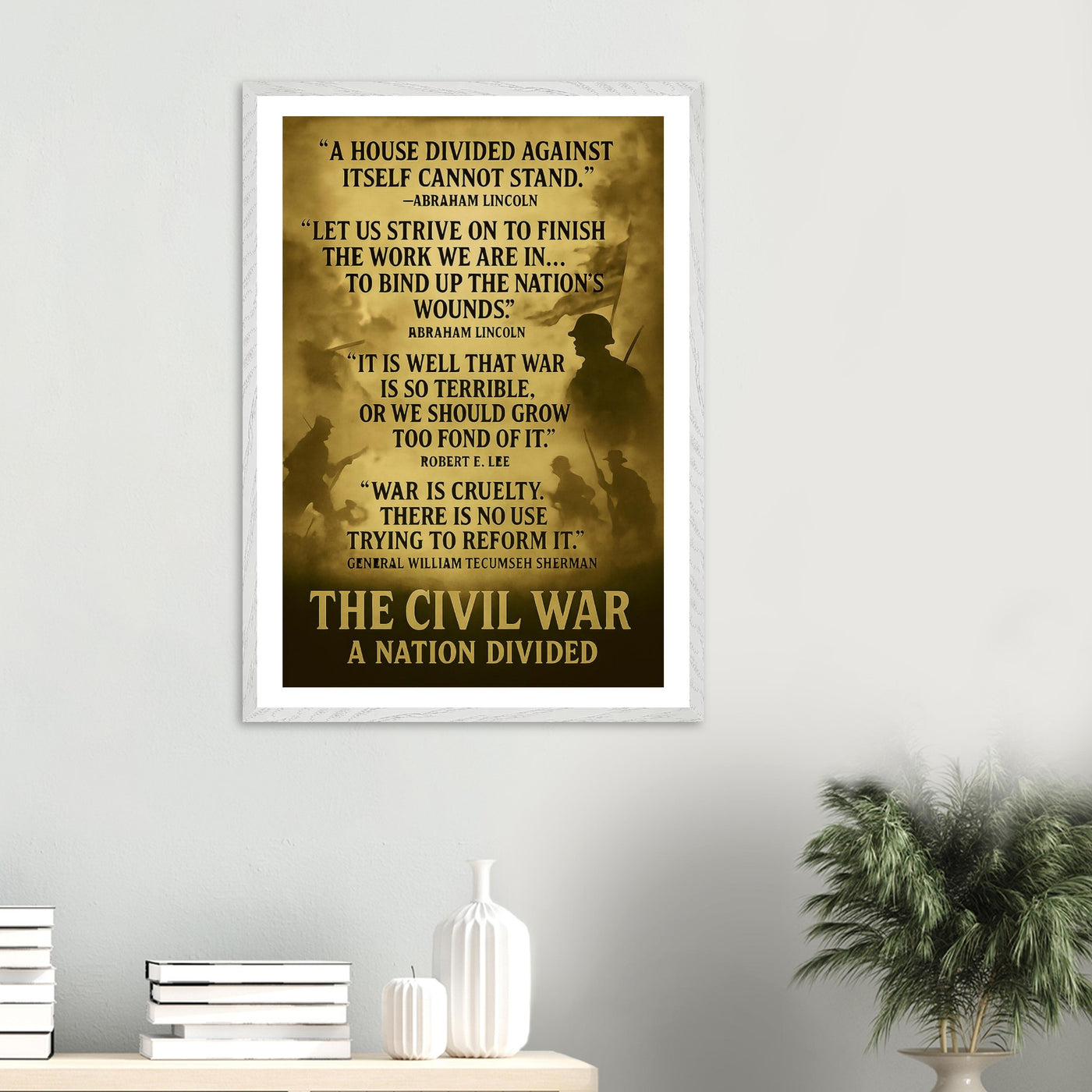 Framed print depicting the divided nation of the Civil War, ready to hang.