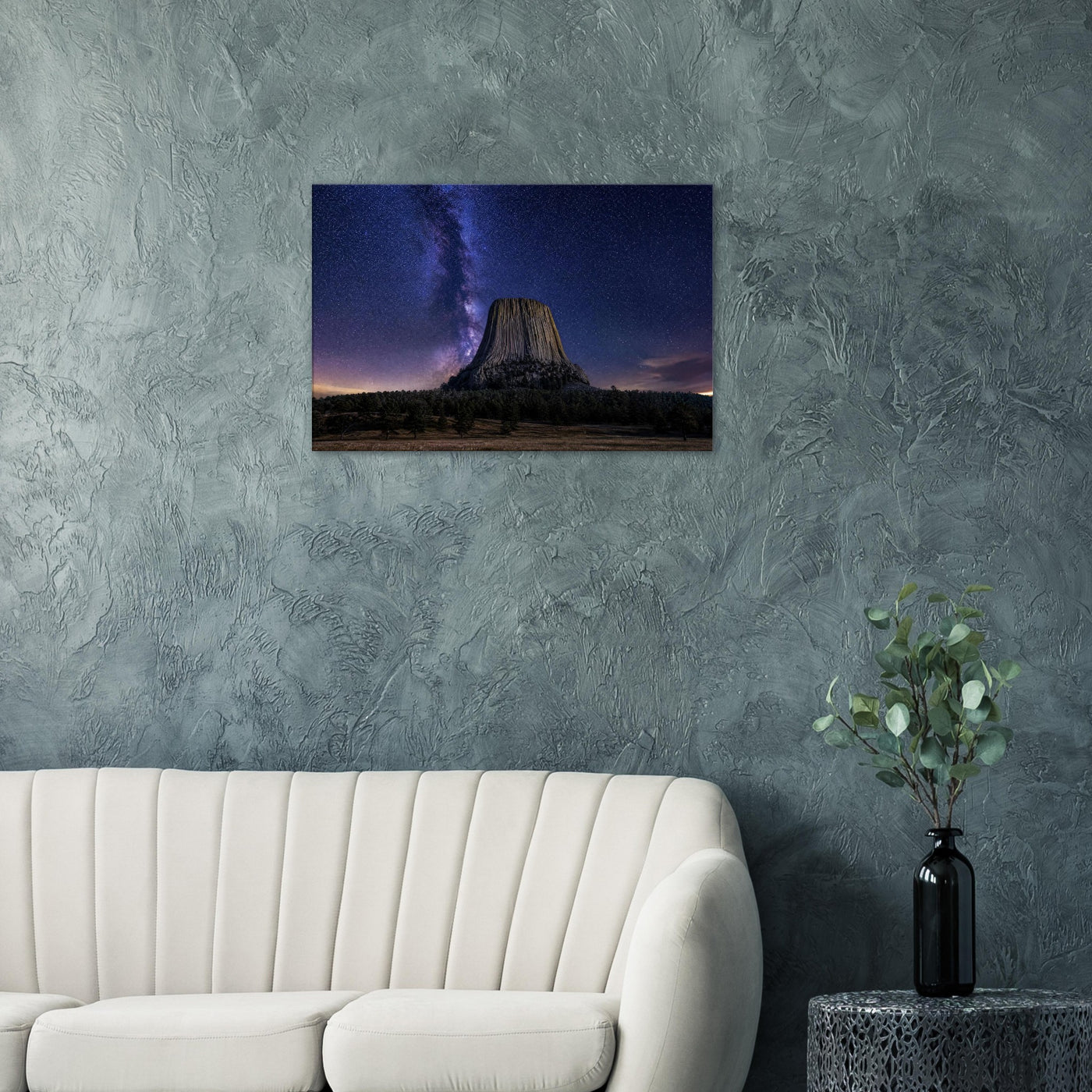 Canvas print of Devils Tower under the Milky Way — room view, ready to hang.
