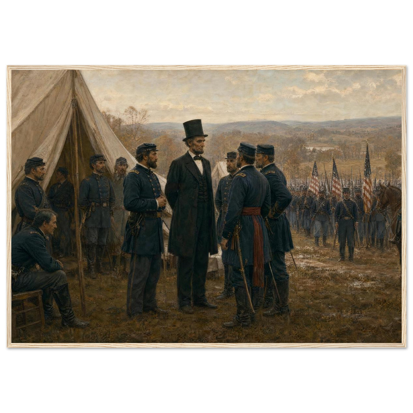 Framed art print of a Union army encampment with tents and officers at Antietam, in a solid wood frame.