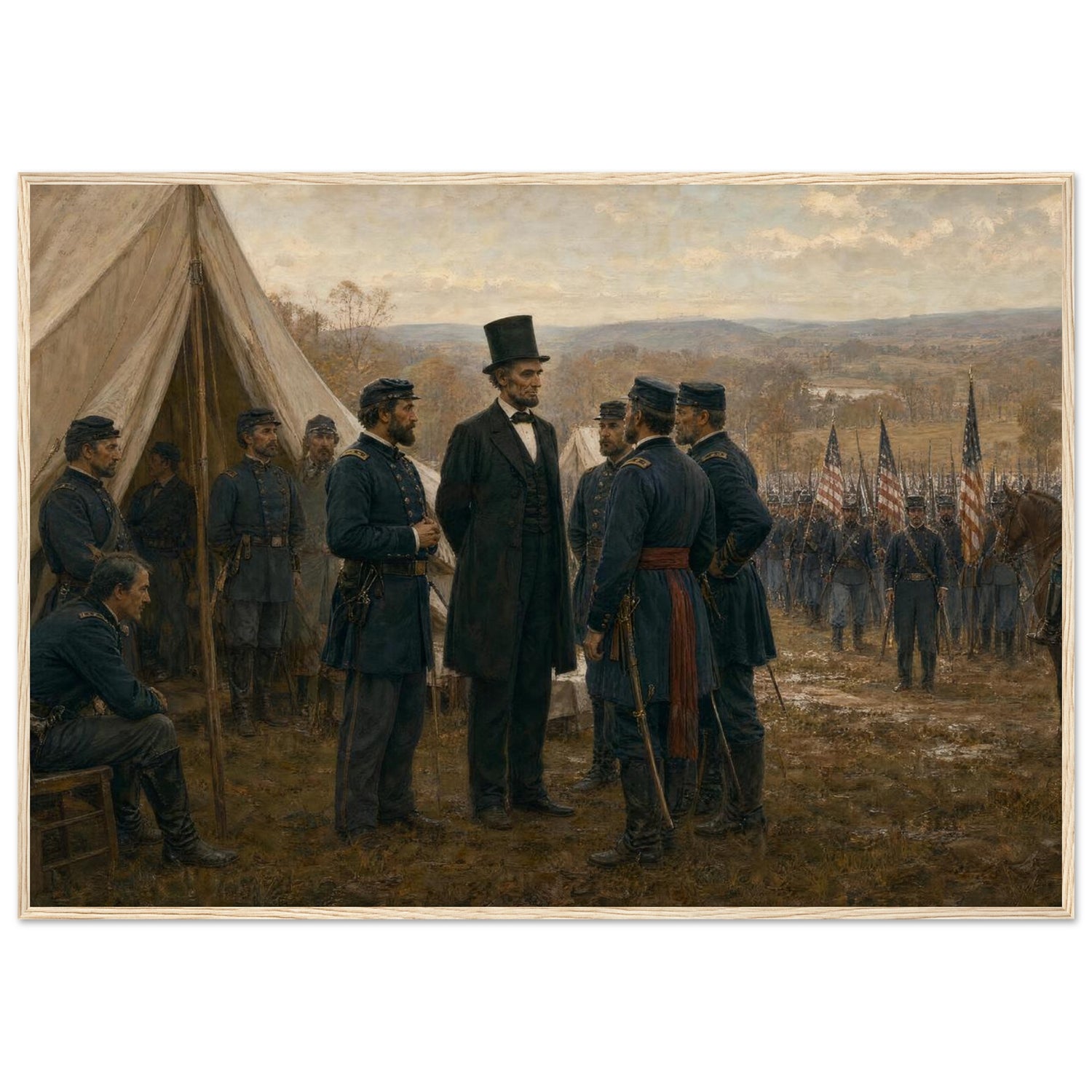 Framed art print of a Union army encampment with tents and officers at Antietam, in a solid wood frame.