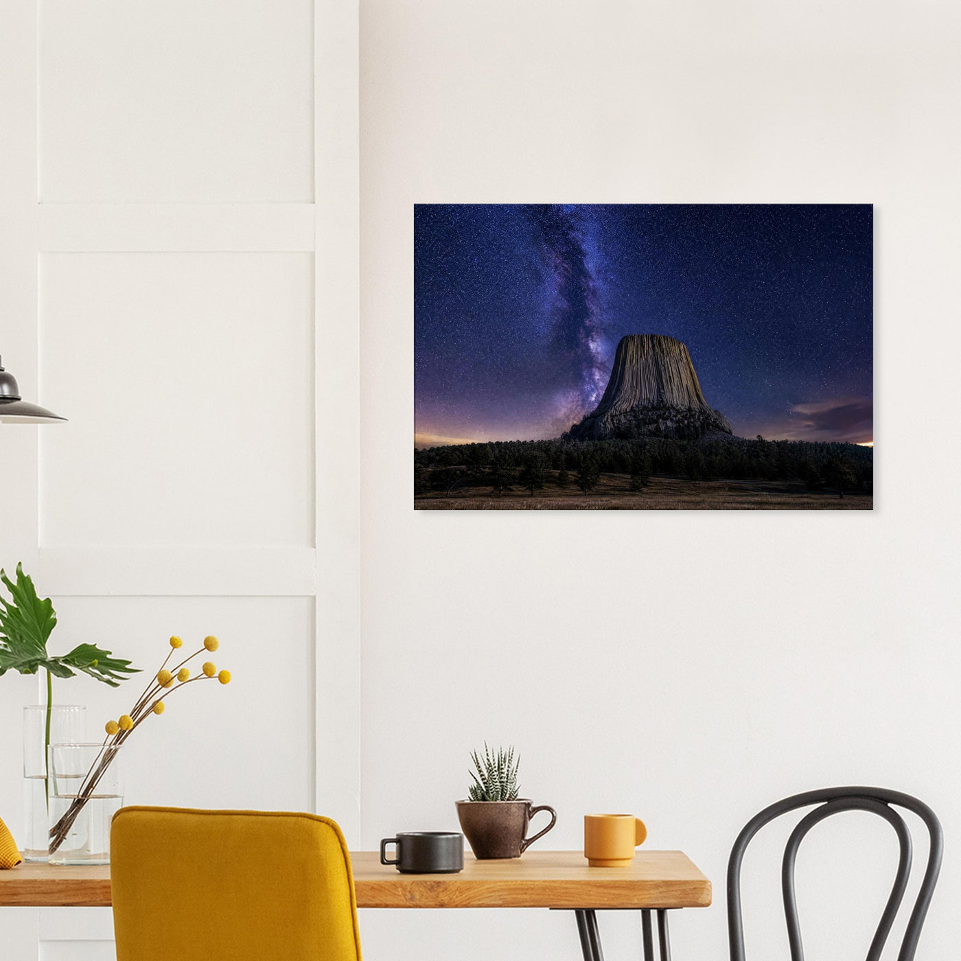 Canvas print of Devils Tower under the Milky Way — room view, ready to hang.