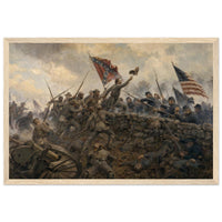 Framed art print of the hand-to-hand melee at the stone wall during Pickett's Charge, Confederate battle flag raised, in a solid wood frame.