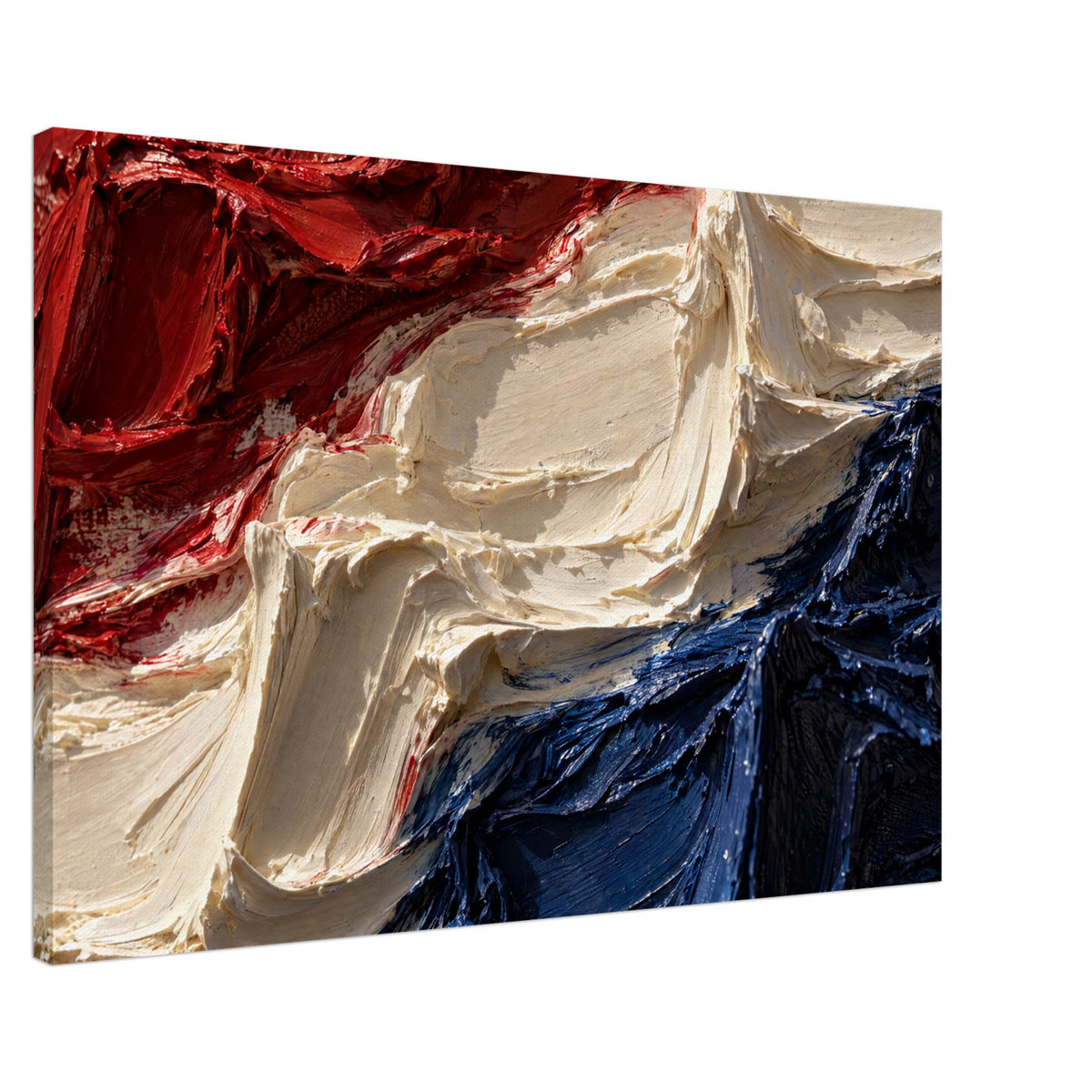 Extreme close-up of red, cream and navy paint in thick ridges