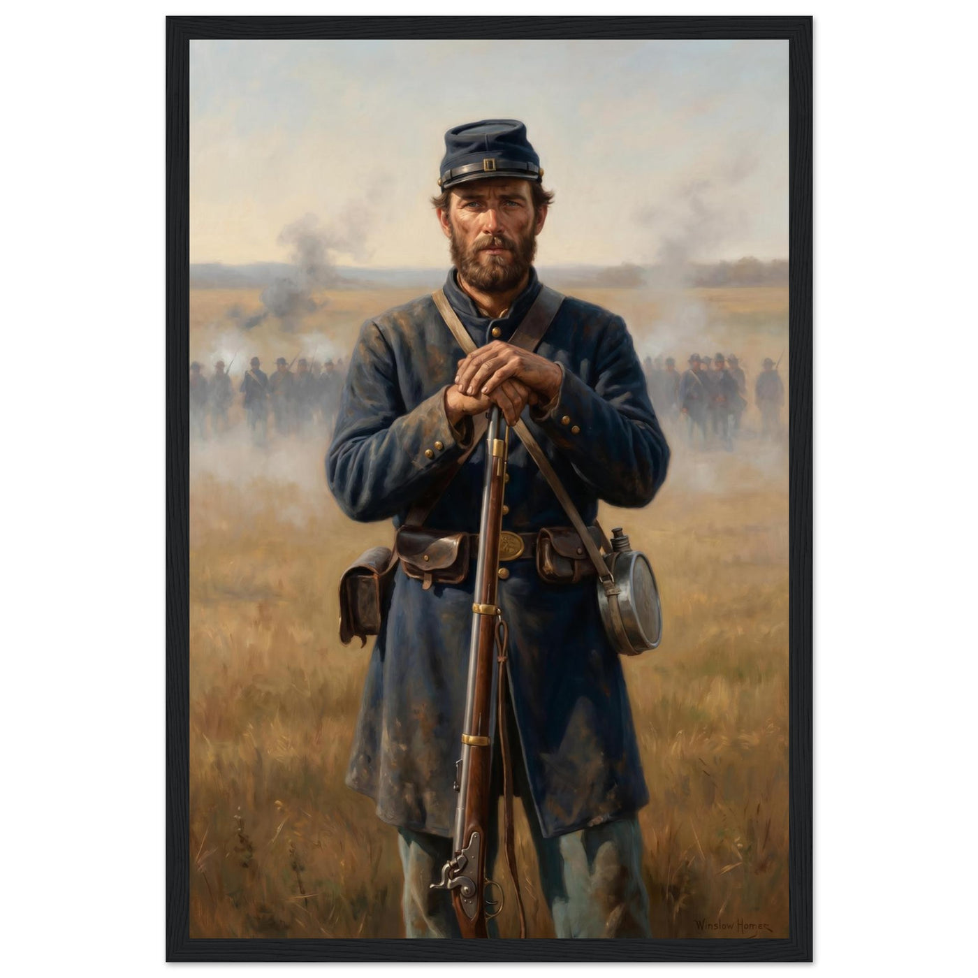 Framed portrait of a Union soldier standing with his rifle, ready to hang.
