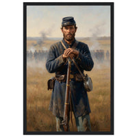 Framed portrait of a Union soldier standing with his rifle, ready to hang.