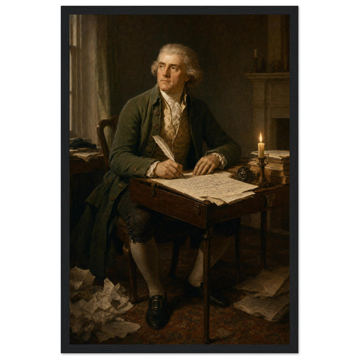 Framed portrait of Thomas Jefferson at his writing desk, ready to hang.