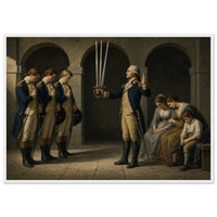 The Oath at Valley Forge — framed fine art print of Washington holding three swords aloft before three bowed officers, grieving women at right, in a white frame