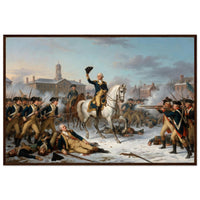 Framed print of Washington rallying the troops at Trenton, ready to hang.