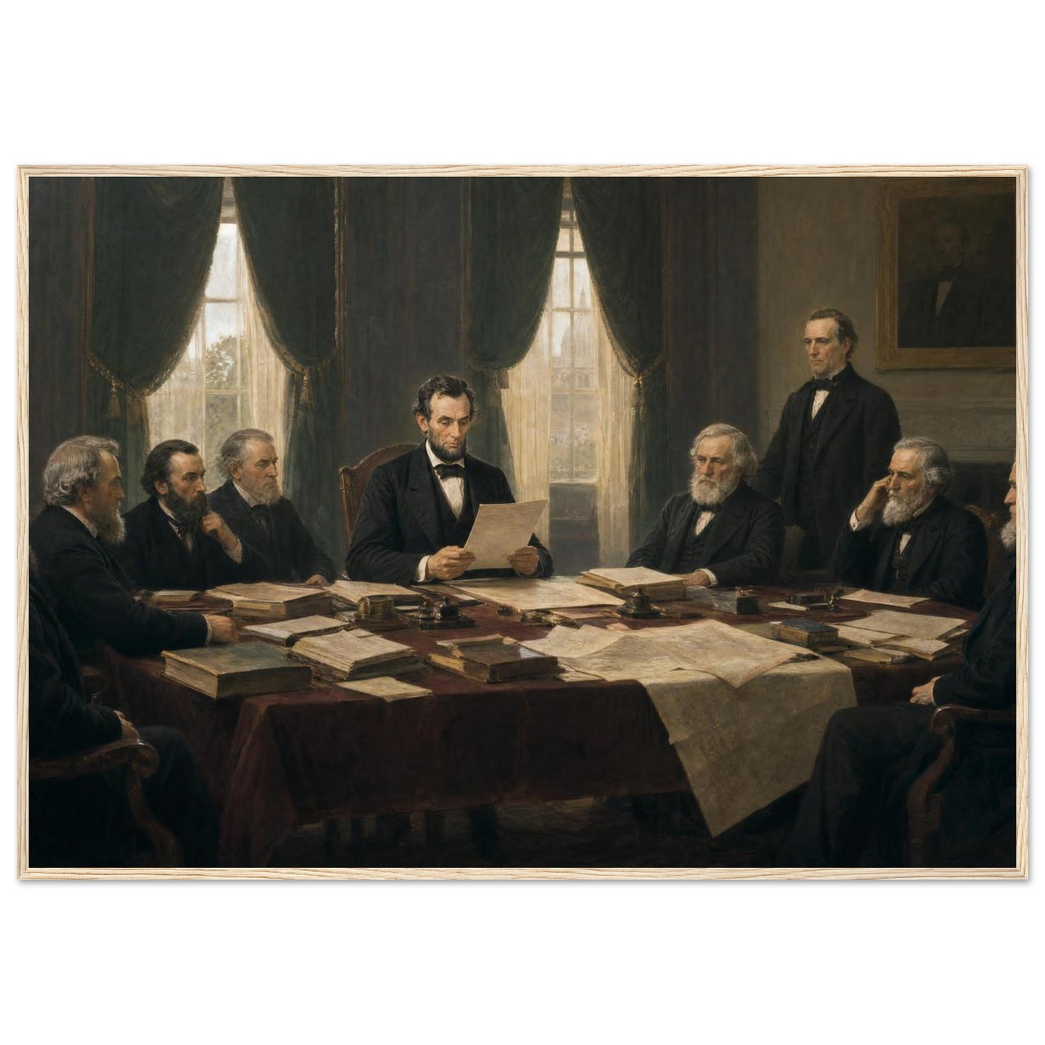 Framed historical painting of President Lincoln seated with his cabinet around a table, in a solid wood frame.