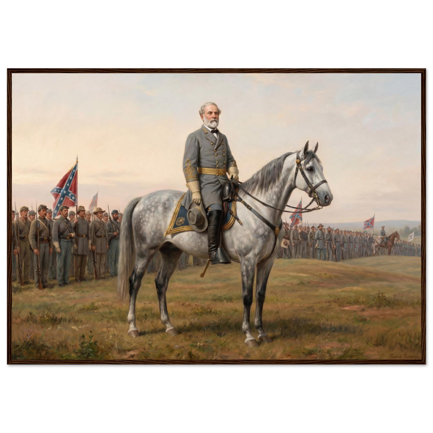 Framed equestrian painting of General Lee mounted with his Confederate generals, in a solid wood frame.
