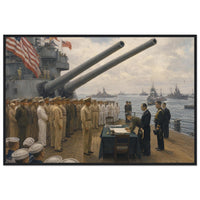 Framed panoramic art print of the 1945 Japanese surrender ceremony aboard the USS Missouri, in a solid wood frame.
