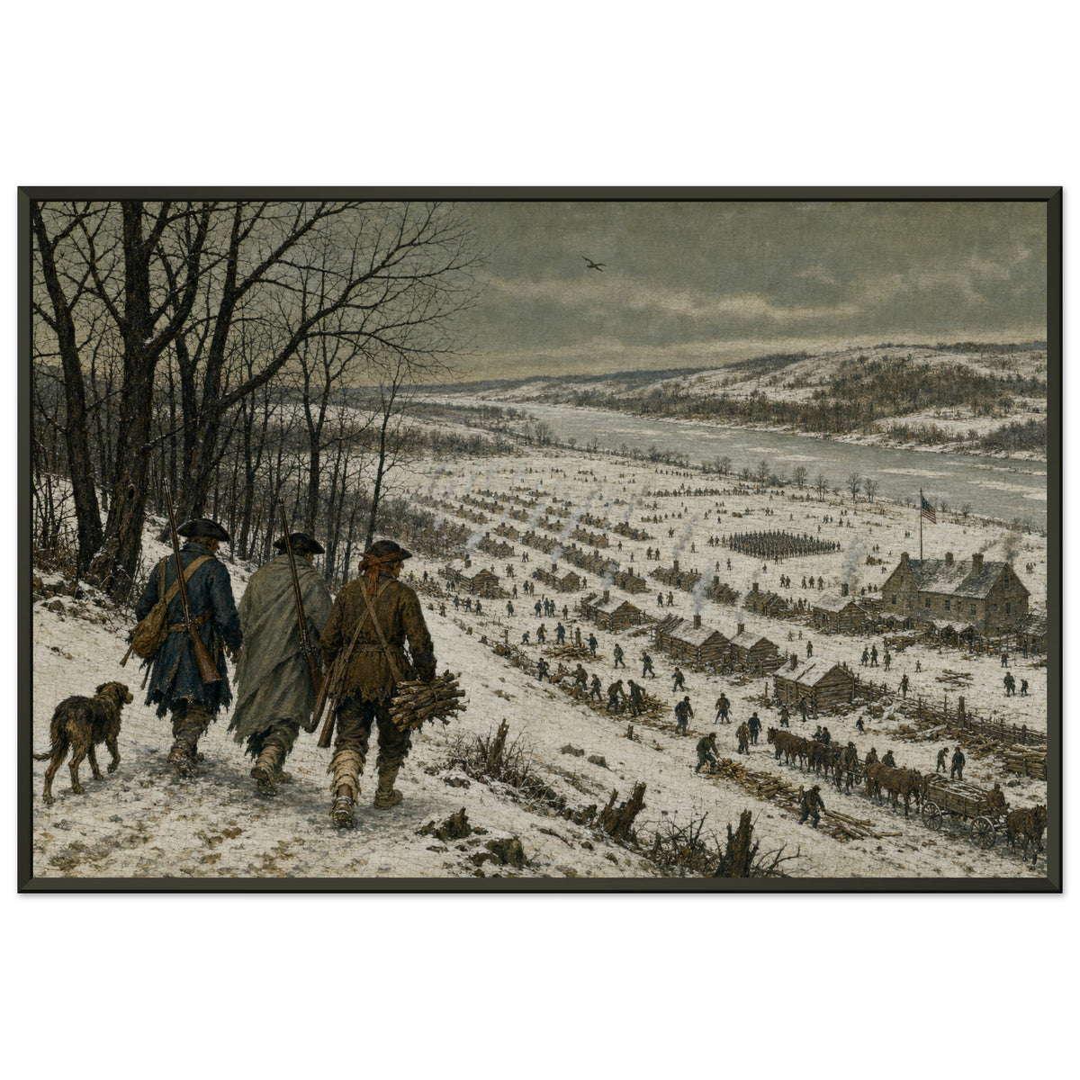 Winter at Valley Forge — framed fine art print of three soldiers and a dog on a snowy ridge looking down on the log huts of Valley Forge, in a black frame