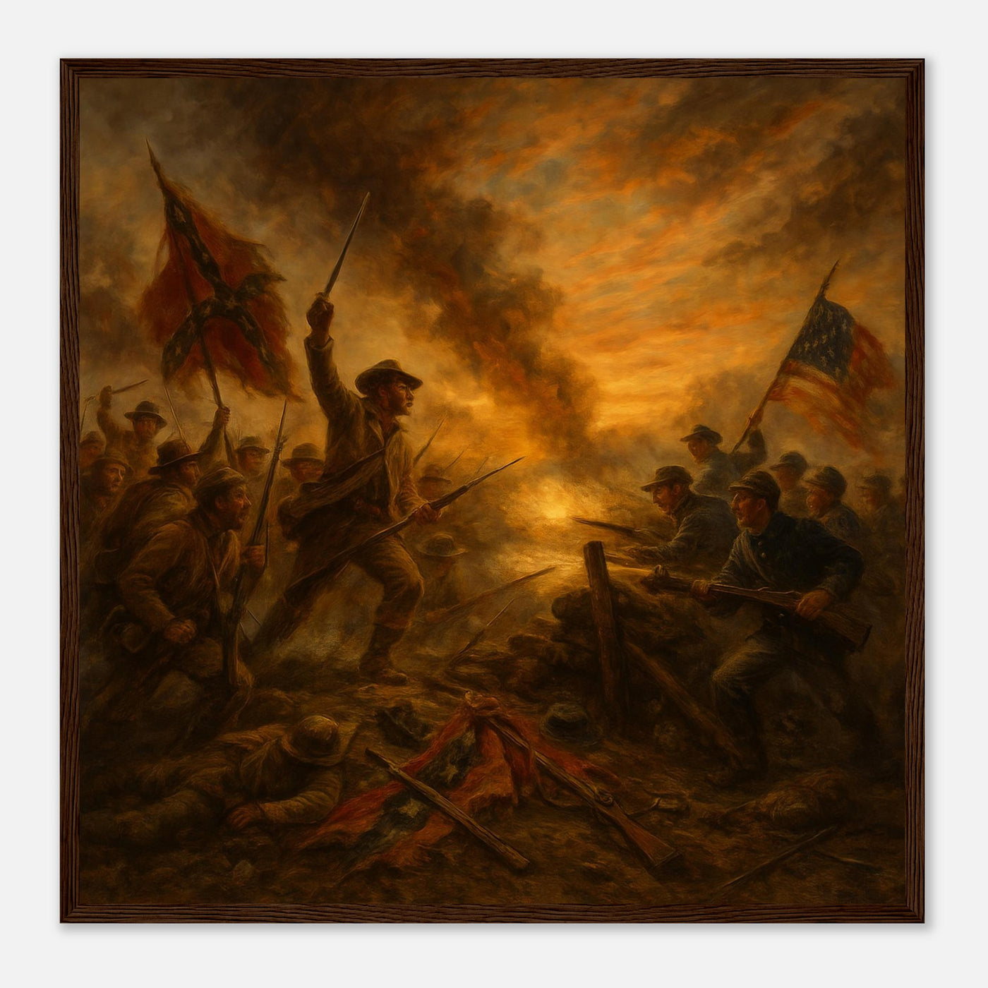 Framed print of Civil War soldiers advancing at dawn, ready to hang.