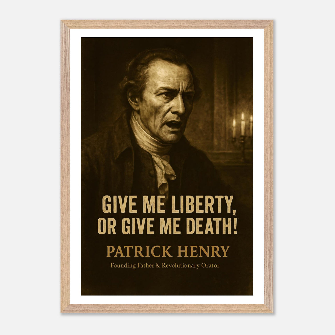 Framed Patrick Henry 'liberty or death' quote print, ready to hang.