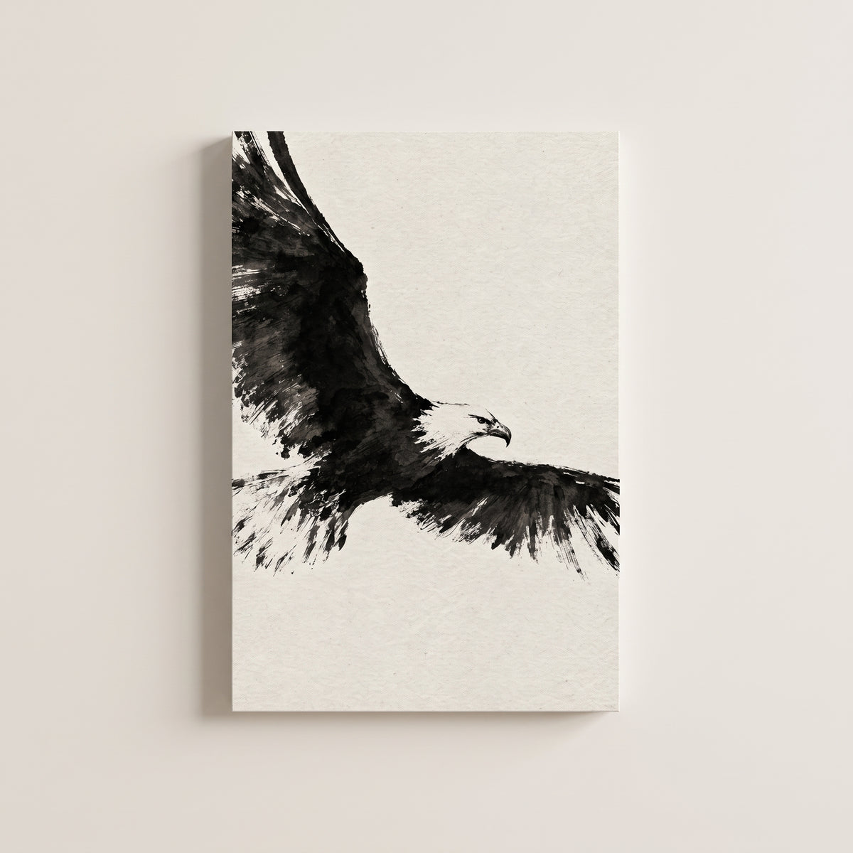 Ink Wing – bald eagle in flight painted in black ink on warm paper, patriotic canvas wall art on a linen white wall