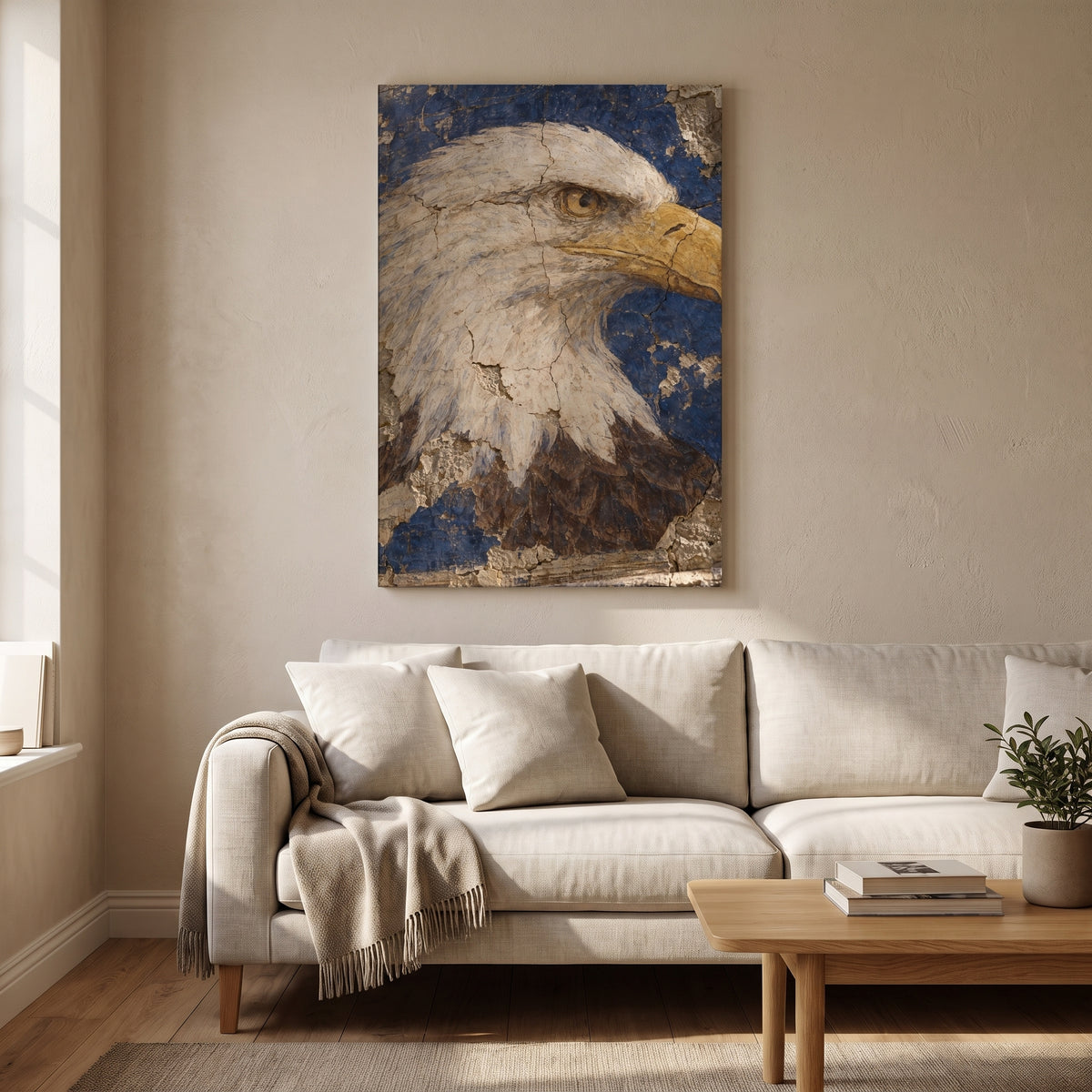 The Eagle Fresco – bald eagle in profile painted as a cracked plaster fresco, patriotic canvas wall art above a linen sofa in a living room