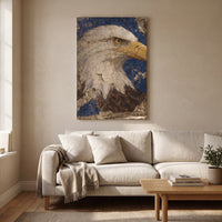 The Eagle Fresco – bald eagle in profile painted as a cracked plaster fresco, patriotic canvas wall art above a linen sofa in a living room