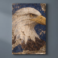 The Eagle Fresco – bald eagle in profile painted as a cracked plaster fresco, patriotic canvas wall art on a slate grey wall