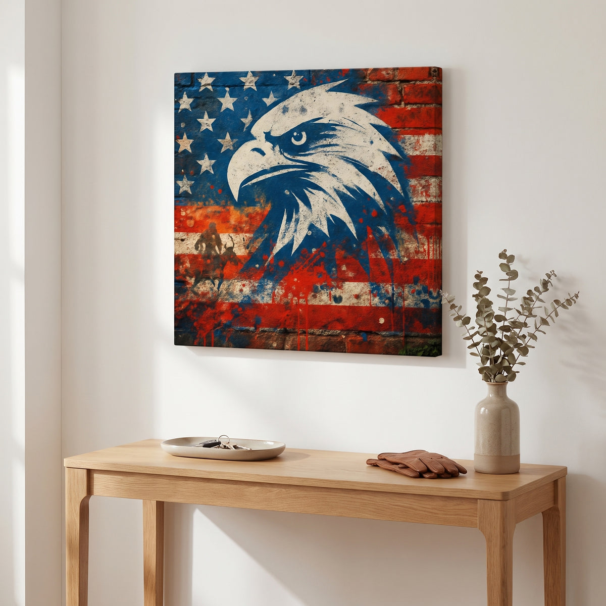 Mural of America – bald eagle over a weathered American flag mural on brick, patriotic canvas wall art above an oak console in an entryway