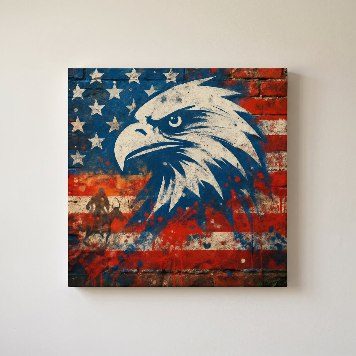 Mural of America – bald eagle over a weathered American flag mural on brick, patriotic canvas wall art on a linen white wall