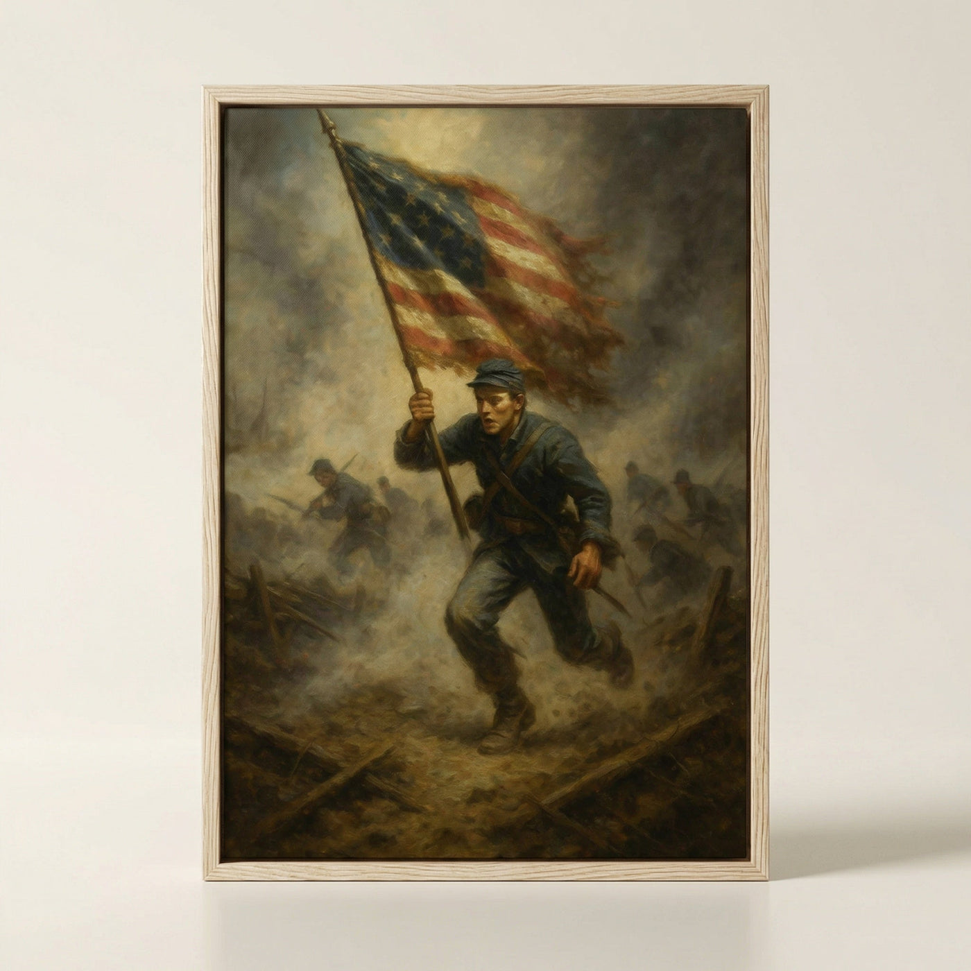 Framed print of the American flag billowing against the sky, ready to hang.