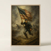 Framed print of the American flag billowing against the sky, ready to hang.