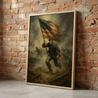 Framed print of the American flag billowing against the sky, ready to hang.