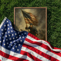Framed print of the American flag billowing against the sky, ready to hang.