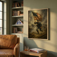 Framed print of the American flag billowing against the sky, ready to hang.