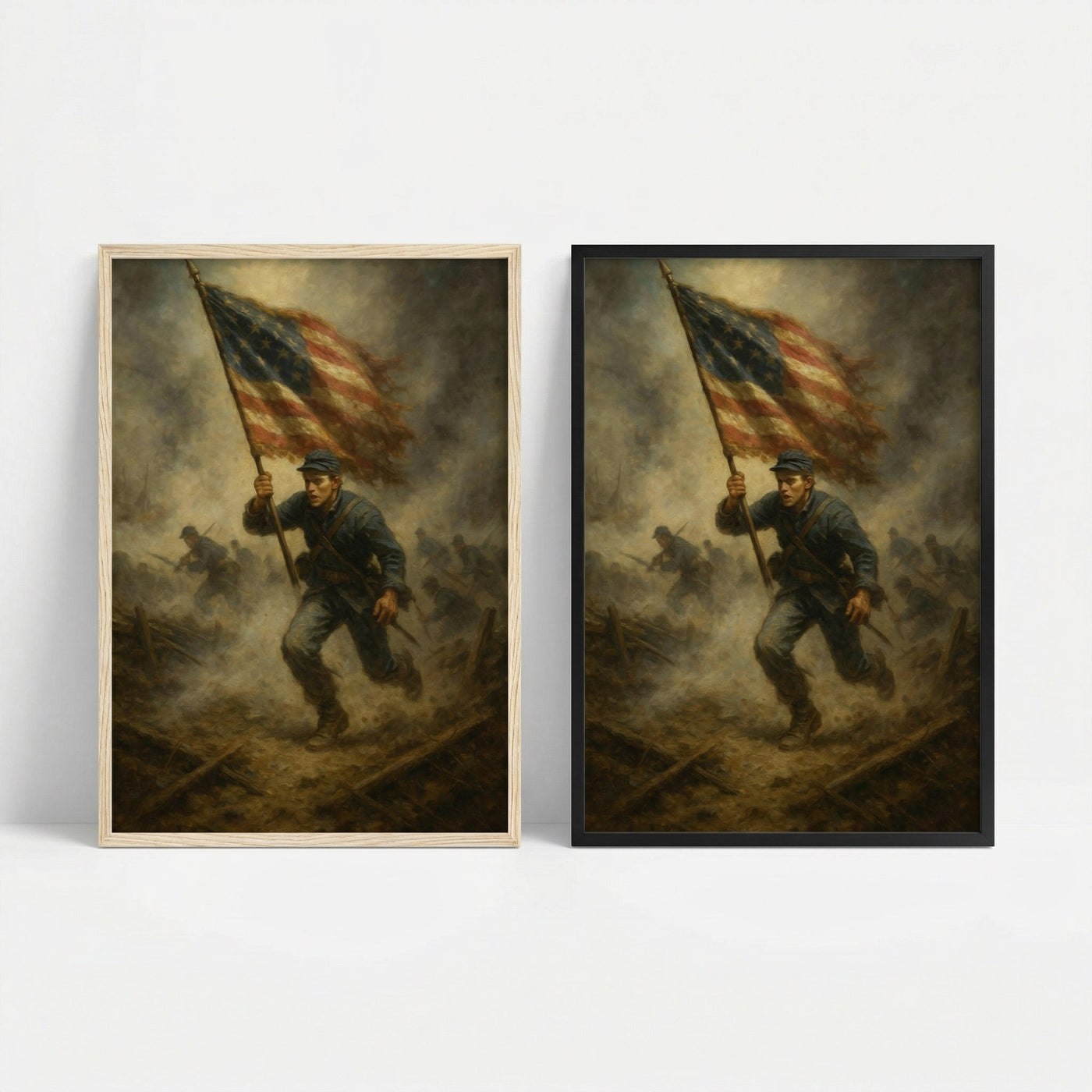 Framed print of the American flag billowing against the sky, ready to hang.