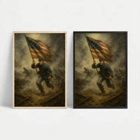 Framed print of the American flag billowing against the sky, ready to hang.