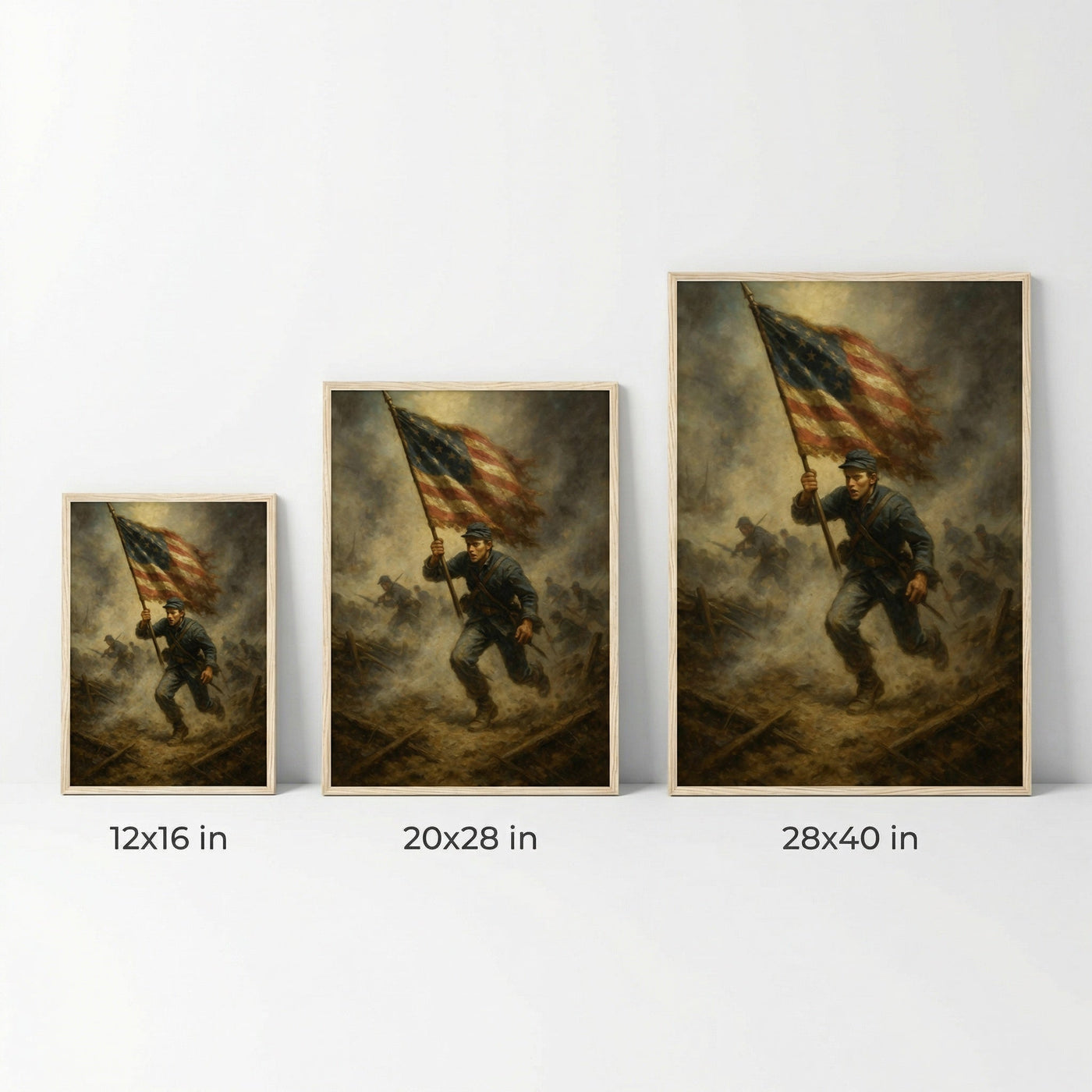 Framed print of the American flag billowing against the sky, ready to hang.