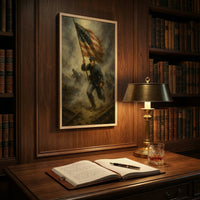 Framed print of the American flag billowing against the sky, ready to hang.