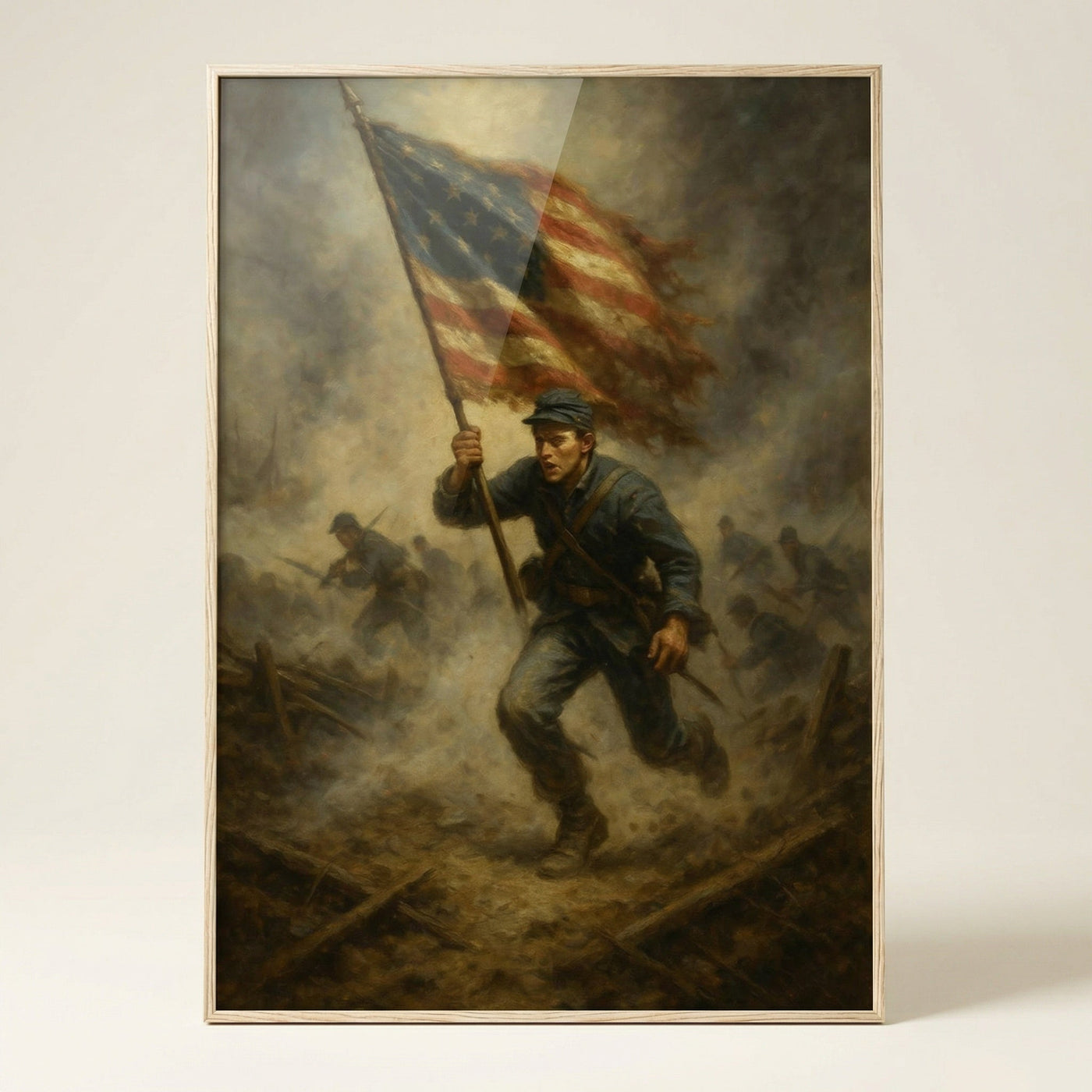 Framed print of the American flag billowing against the sky, ready to hang.