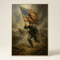 Framed print of the American flag billowing against the sky, ready to hang.