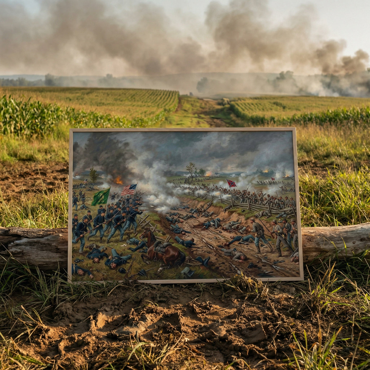 Framed print of the Battle of Antietam, ready to hang.