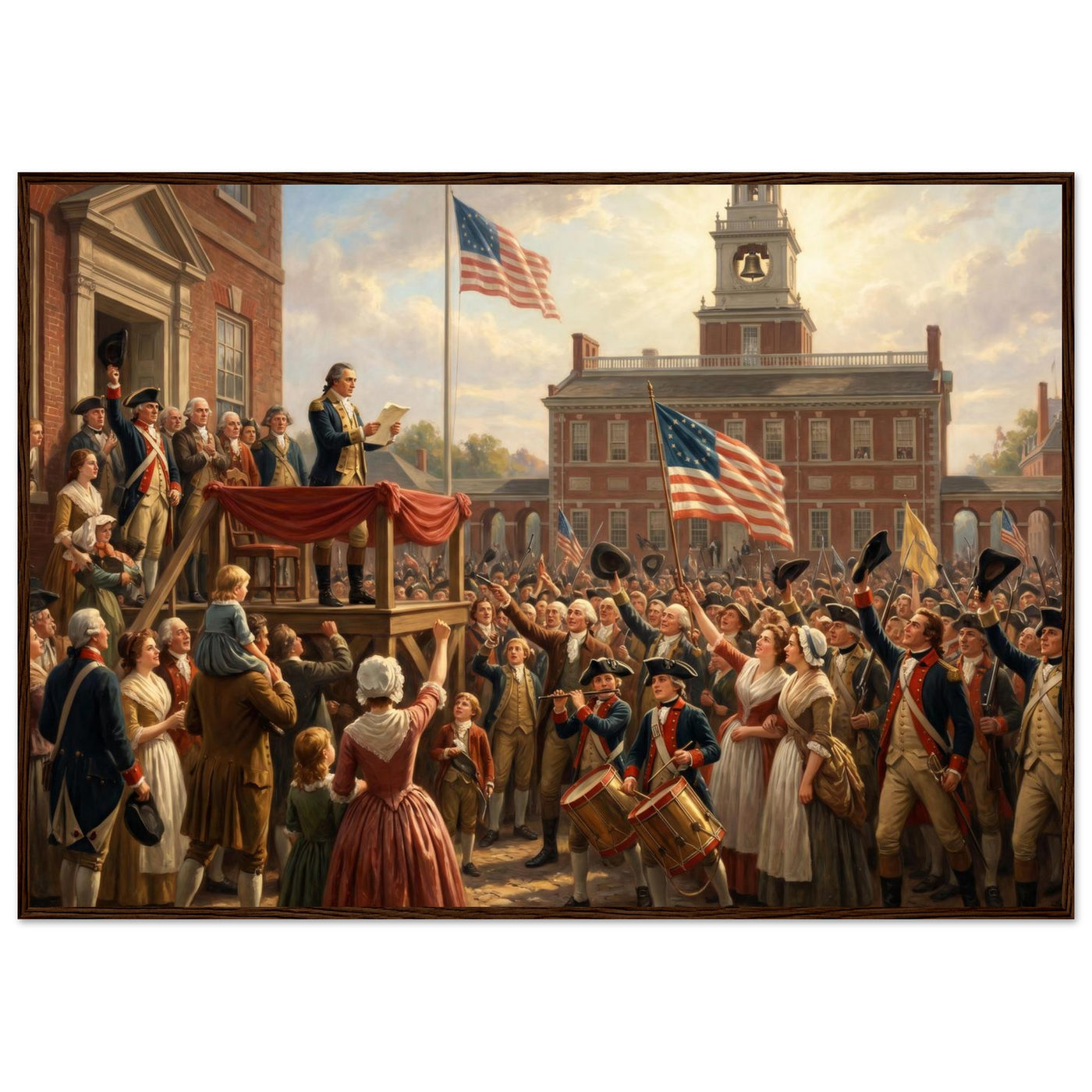 Wooden framed print of the first reading of the Declaration — room view, ready to hang.