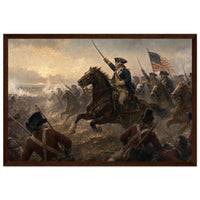 Framed print of a Revolutionary cavalry charge with the flag, ready to hang.