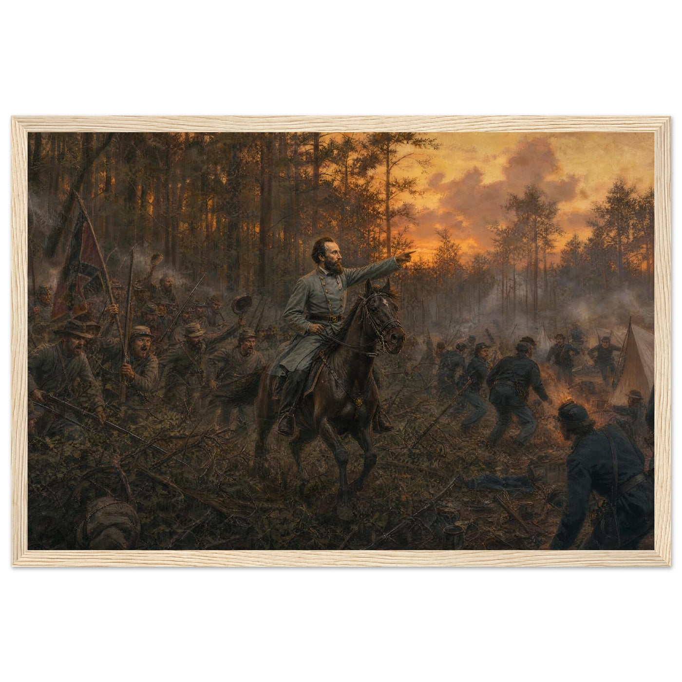 Framed art print of a mounted Civil War officer leading a charge through darkening woods at twilight, in a solid wood frame.