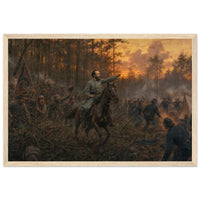 Framed art print of a mounted Civil War officer leading a charge through darkening woods at twilight, in a solid wood frame.